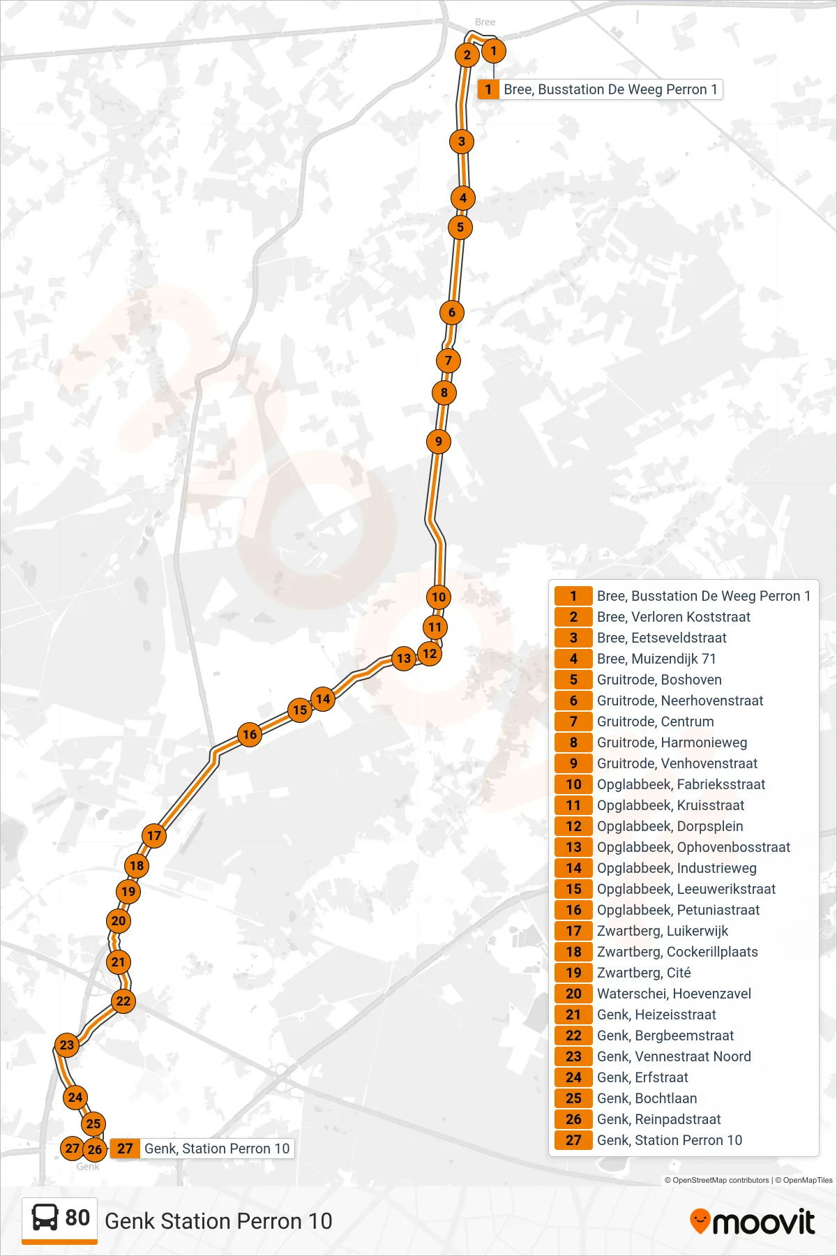 80 bus Line (Genk Station Perron 10) route and stops on a map