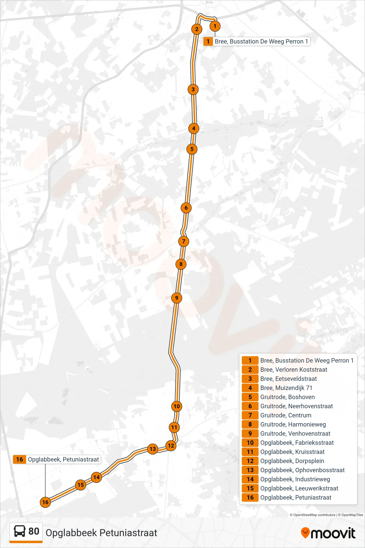 Lijn 80 (bus, Opglabbeek Petuniastraat): route en haltes op de kaart
