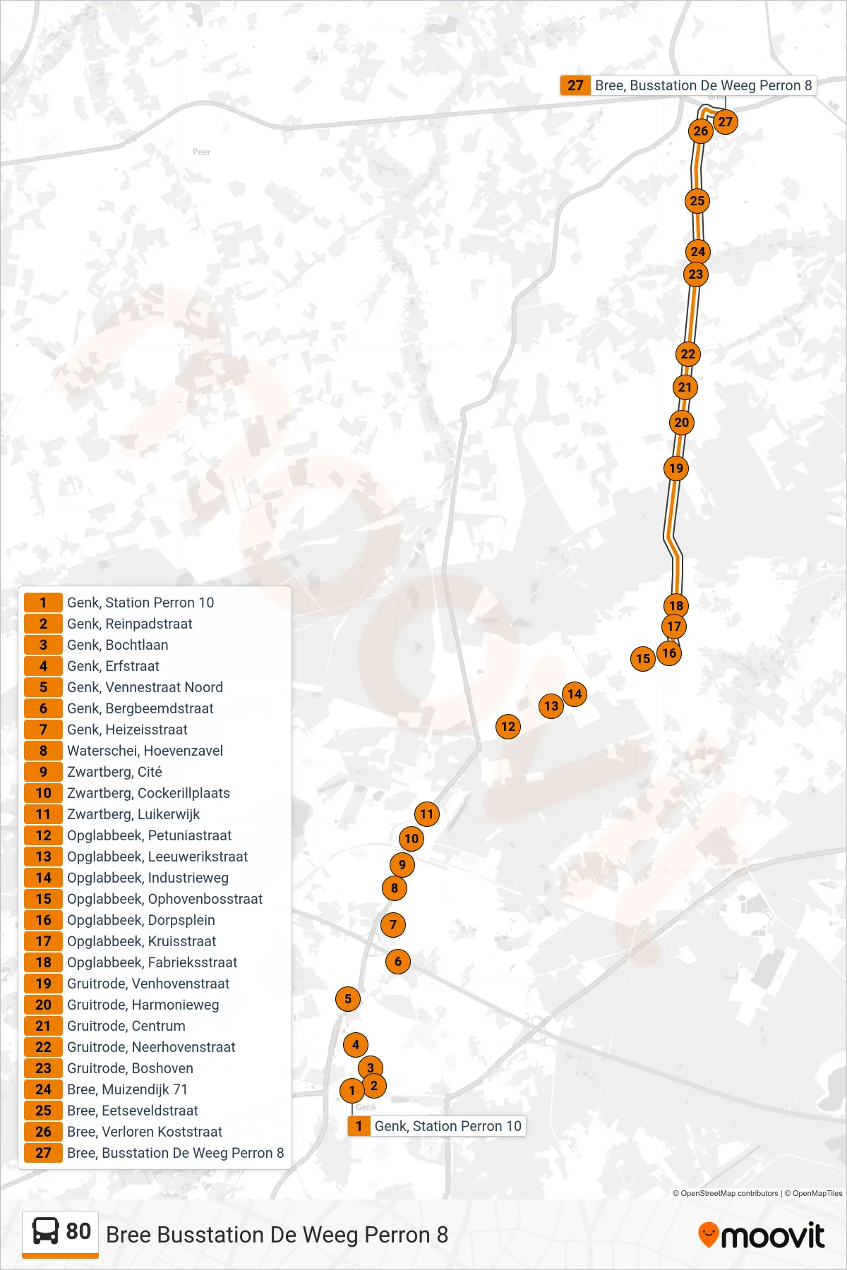 Lijn 80 (bus, Bree Busstation De Weeg Perron 8): route en haltes op de kaart