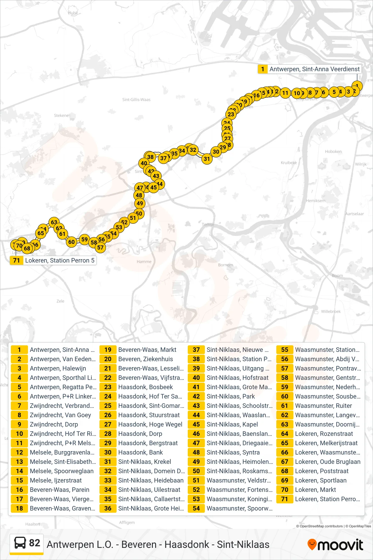 82 bus Line (Lokeren Station Perron 5) route and stops on a map