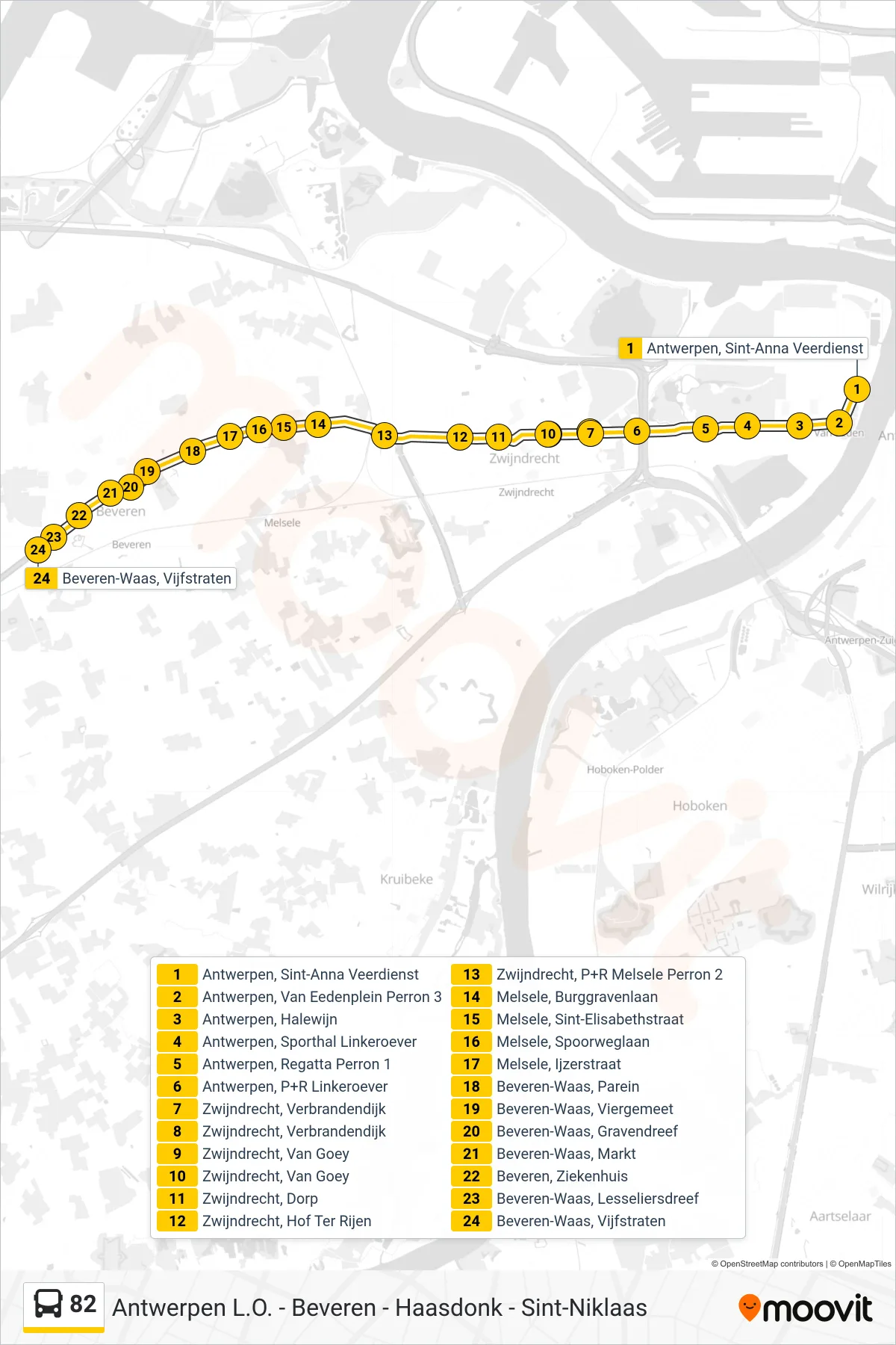 Lijn 82 (bus, Beveren-Waas Vijfstraten): route en haltes op de kaart