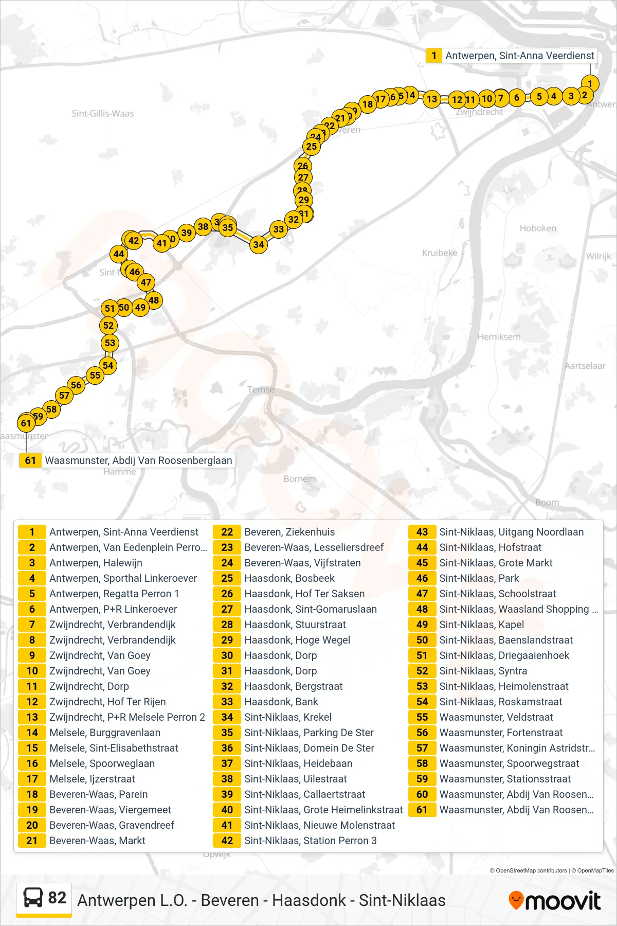 Lijn 82 (bus, Waasmunster Abdij Van Roosenberglaan): route en haltes op de kaart