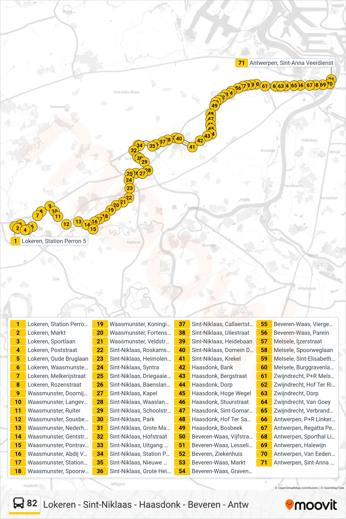 Lijn 82 (bus, Antwerpen Sint-Anna Veerdienst): route en haltes op de kaart