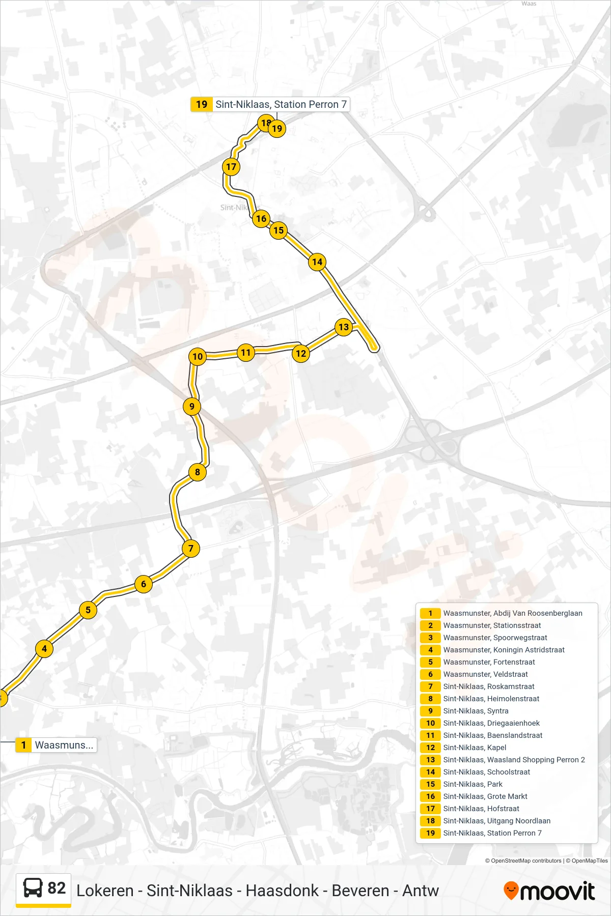 82 bus Line (Sint-Niklaas Station Perron 7) route and stops on a map