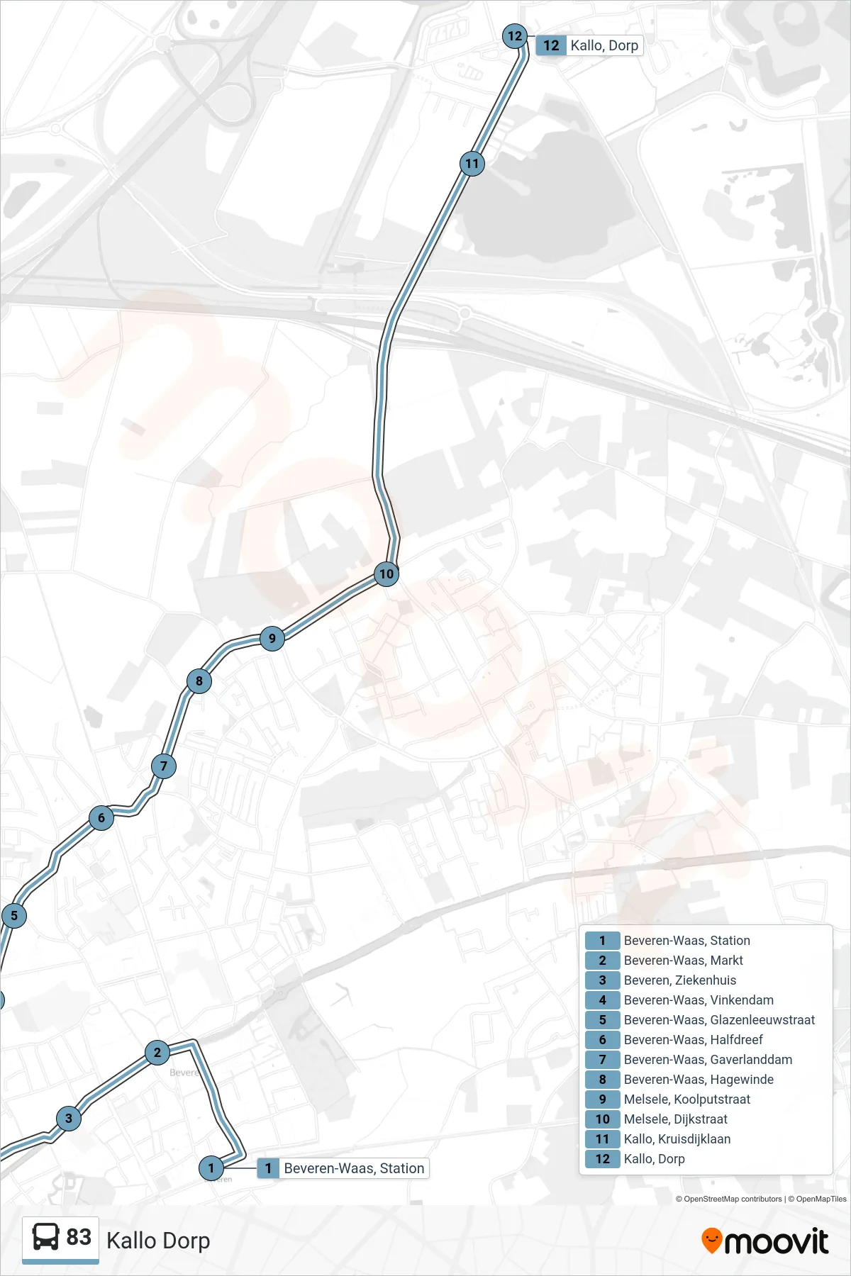 Lijn 83 (bus, Kallo Dorp): route en haltes op de kaart