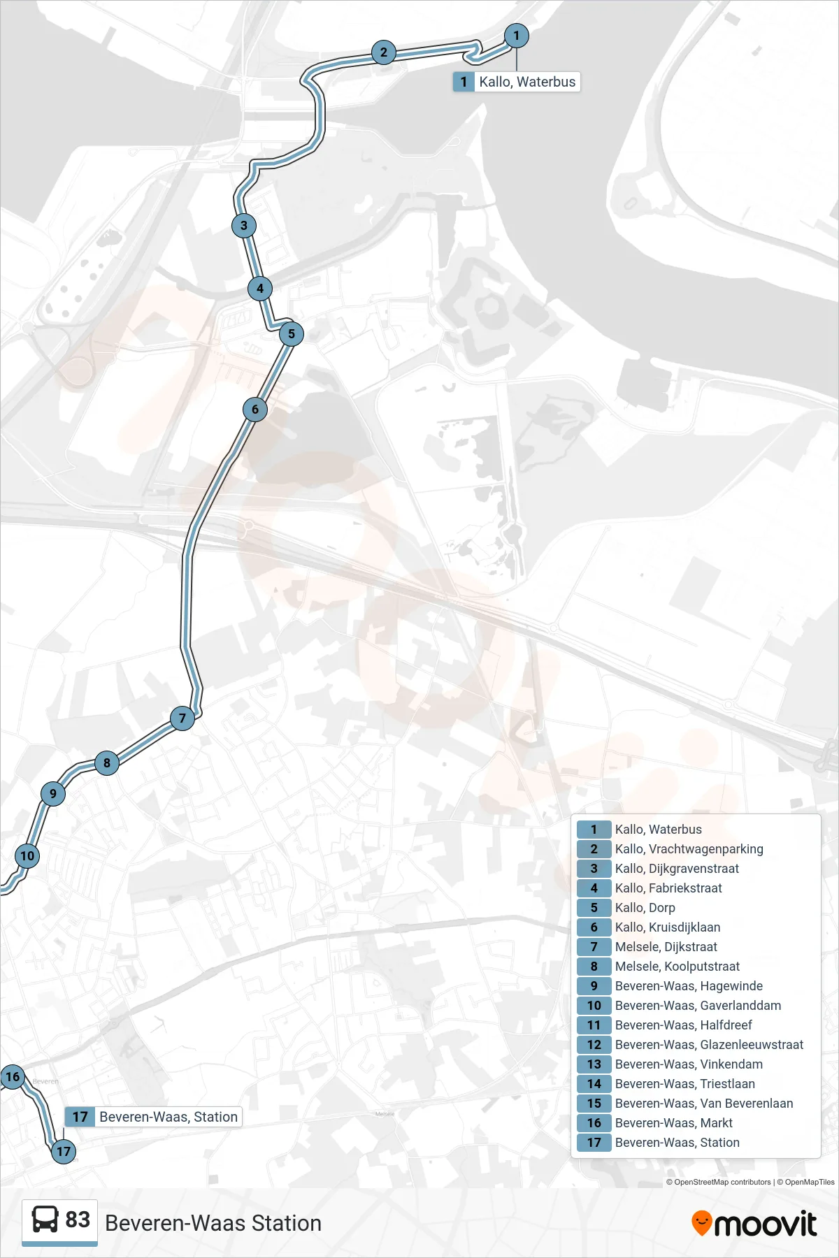 Lijn 83 (bus, Beveren-Waas Station): route en haltes op de kaart
