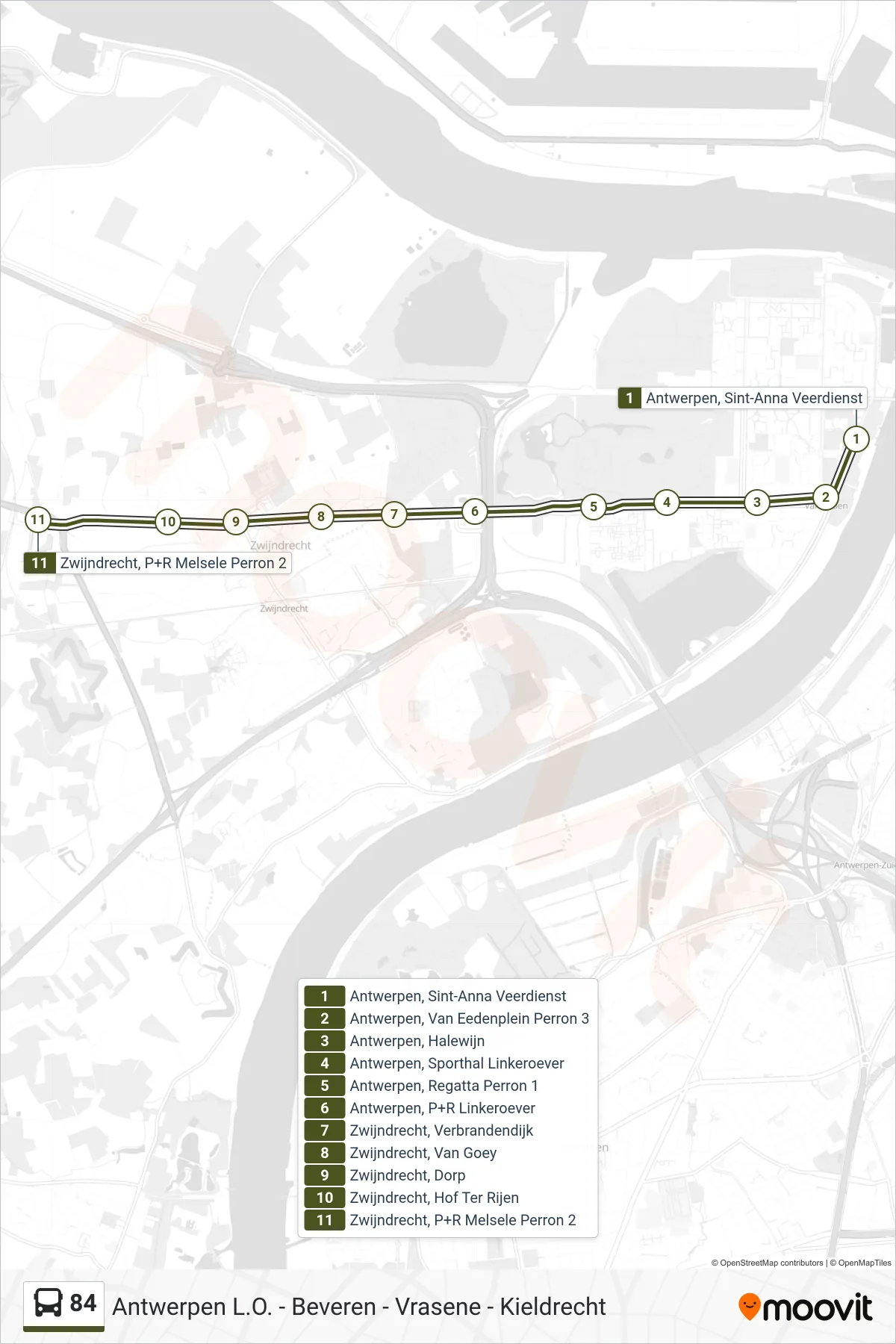 84 bus Line (Zwijndrecht P+R Melsele Perron 2) route and stops on a map