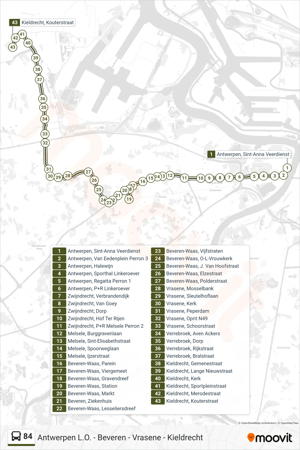 Lijn 84 (bus, Kieldrecht Kouterstraat): route en haltes op de kaart