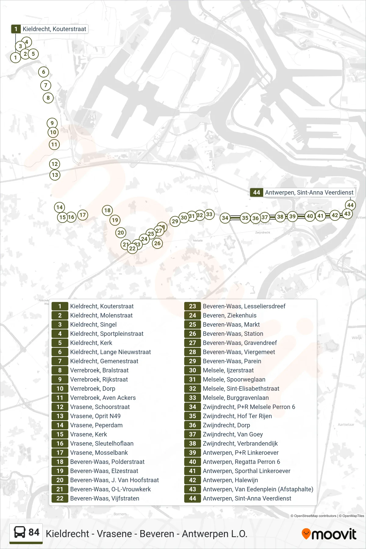 Lijn 84 (bus, Antwerpen Sint-Anna Veerdienst): route en haltes op de kaart