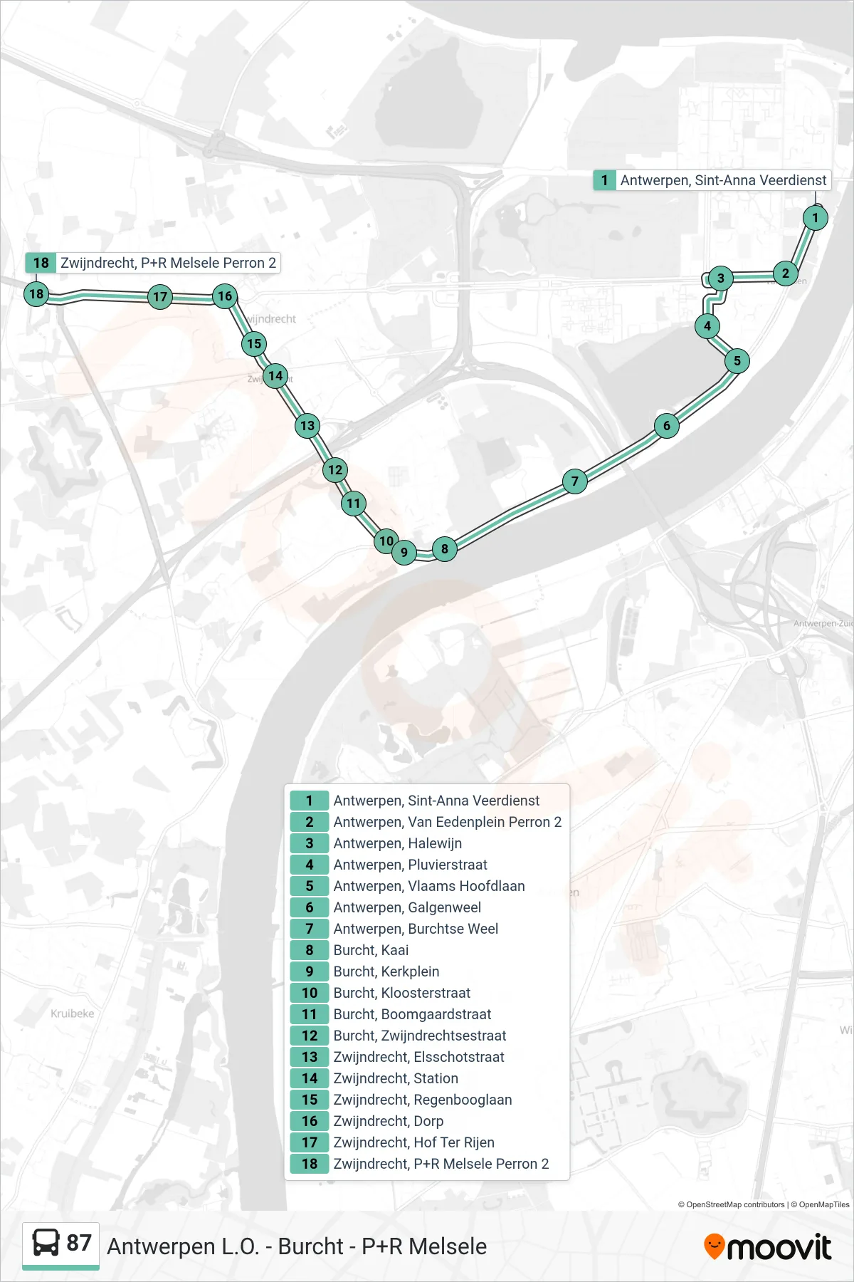 Lijn 87 (bus, Zwijndrecht P+R Melsele Perron 2): route en haltes op de kaart
