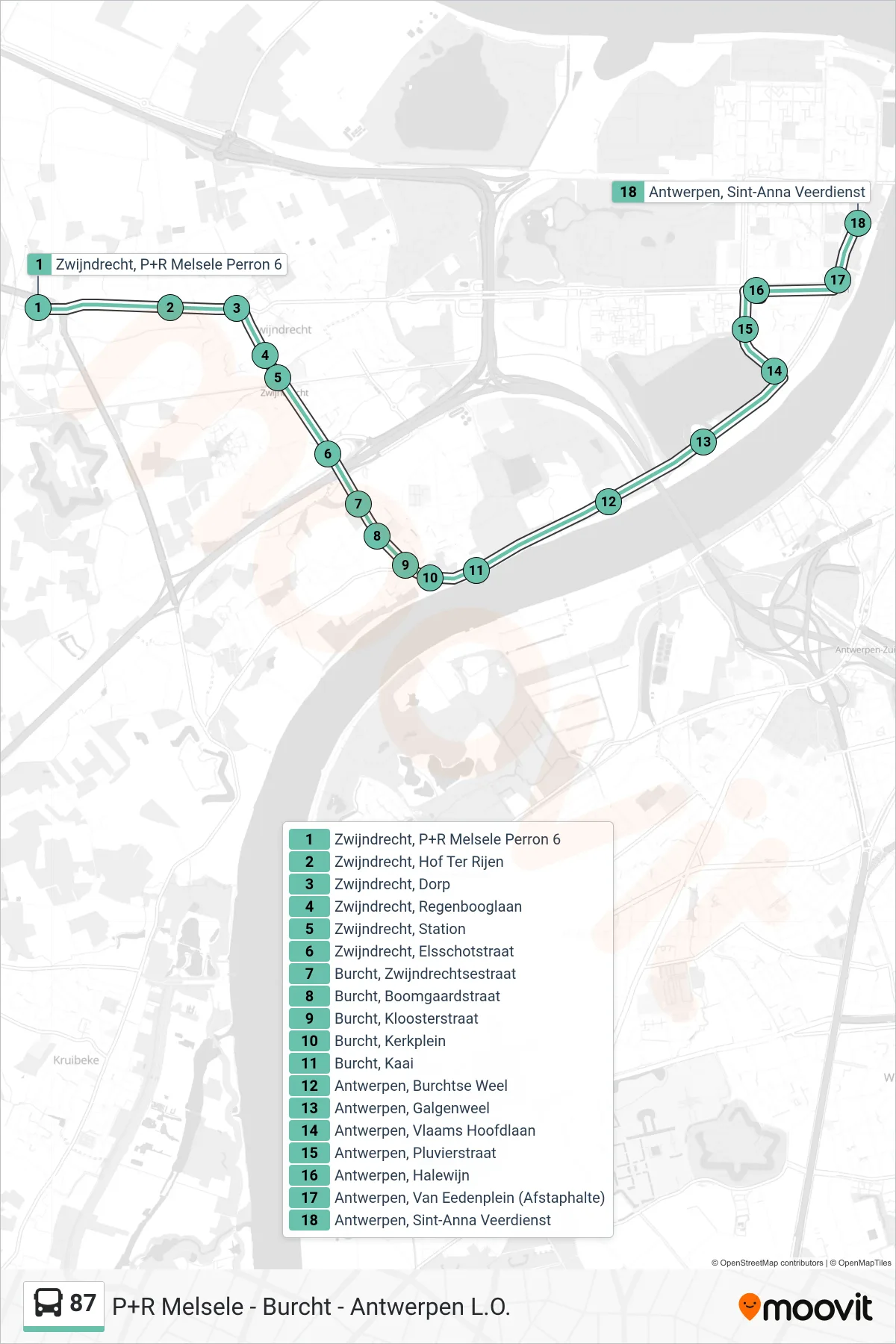 Lijn 87 (bus, Antwerpen Sint-Anna Veerdienst): route en haltes op de kaart