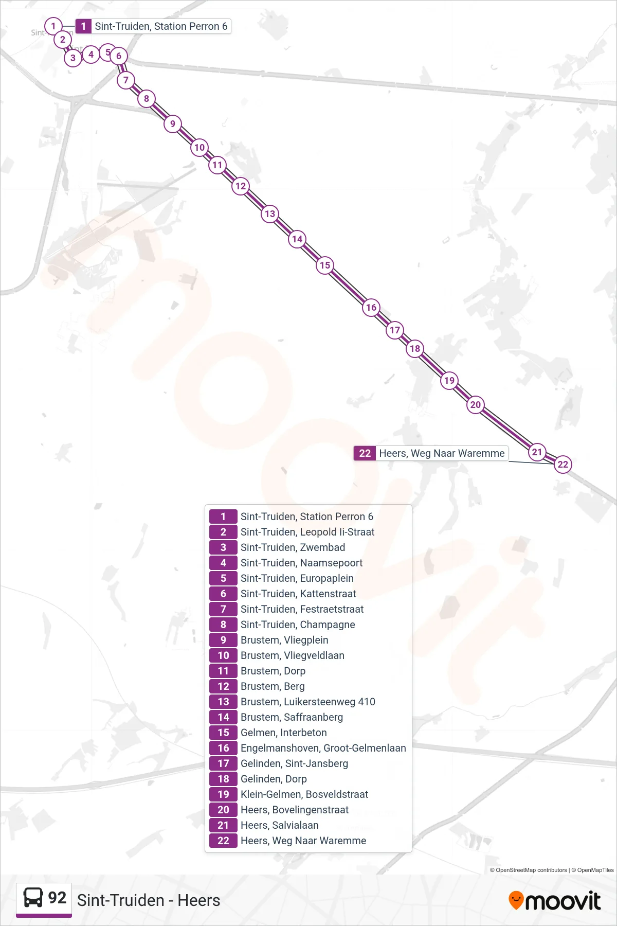 Lijn 92 (bus, Heers Weg Naar Waremme): route en haltes op de kaart