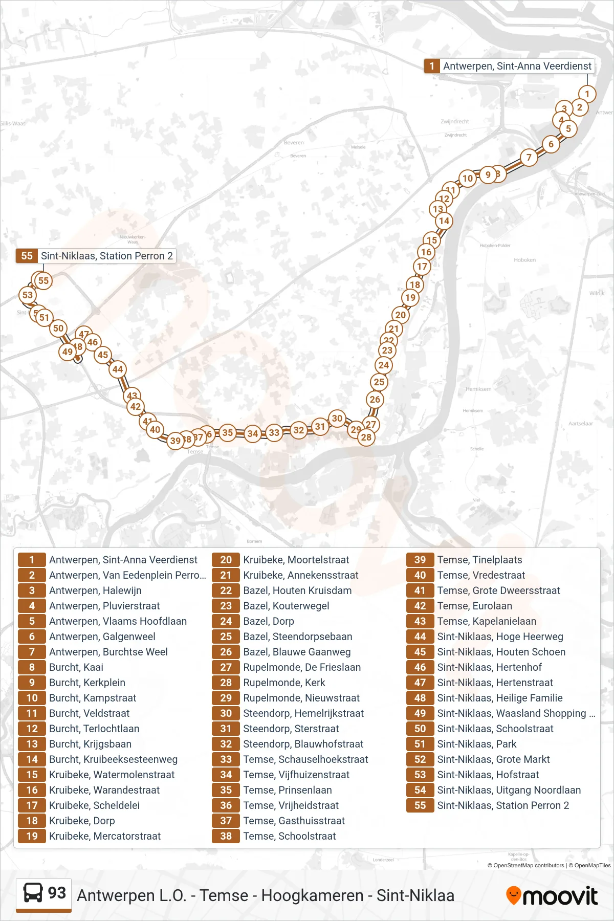 Lijn 93 (bus, Sint-Niklaas Station Perron 2): route en haltes op de kaart