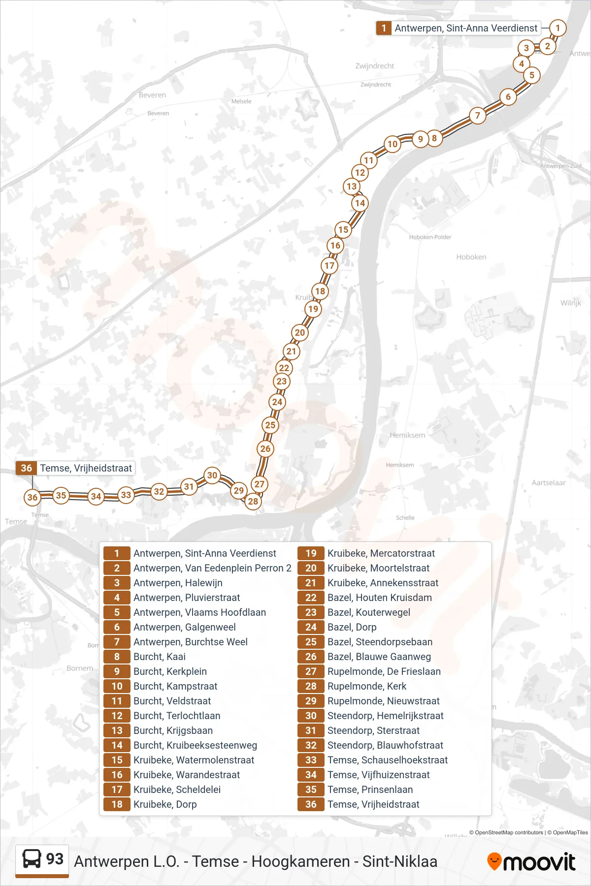 Lijn 93 (bus, Temse Vrijheidstraat): route en haltes op de kaart