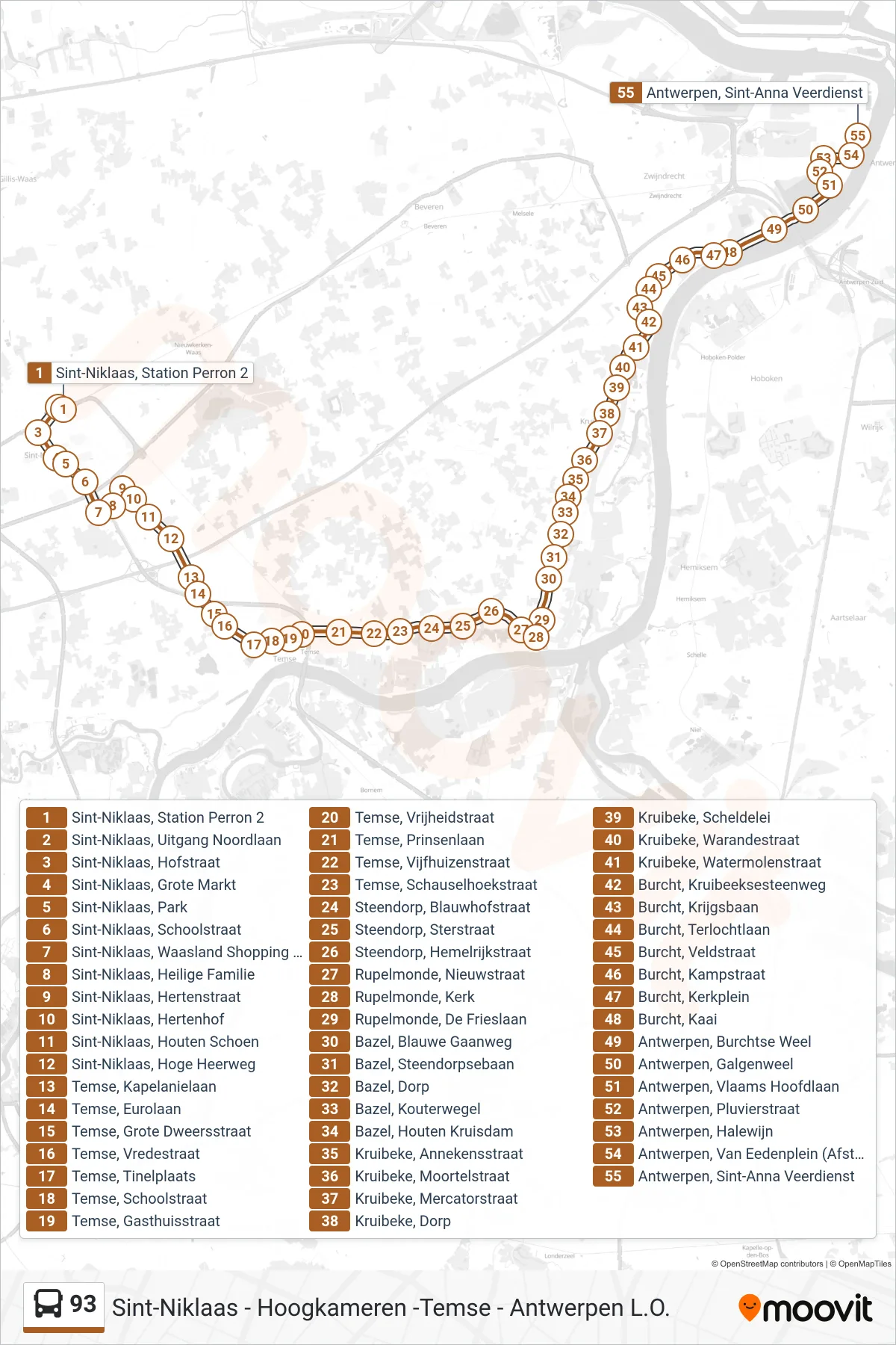 Lijn 93 (bus, Antwerpen Sint-Anna Veerdienst): route en haltes op de kaart
