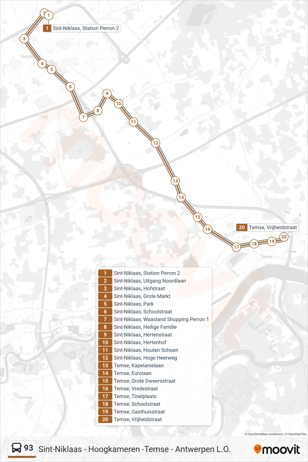 93 bus Line (Temse Vrijheidstraat) route and stops on a map