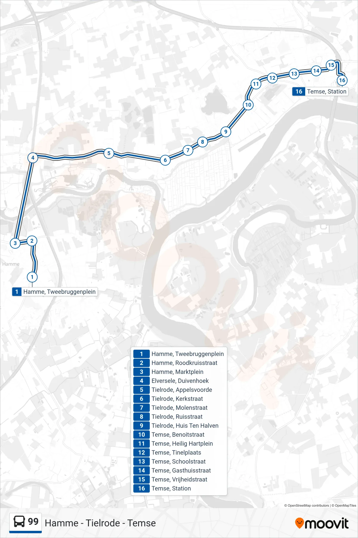 Lijn 99 (bus, Temse Station): route en haltes op de kaart