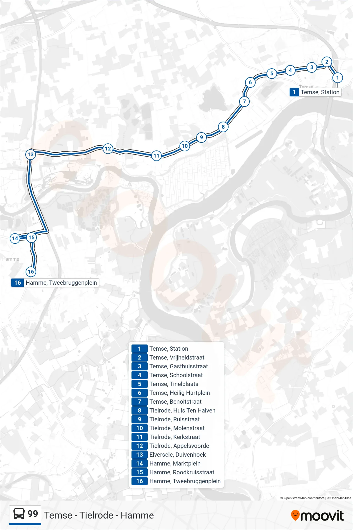 Lijn 99 (bus, Hamme Tweebruggenplein): route en haltes op de kaart
