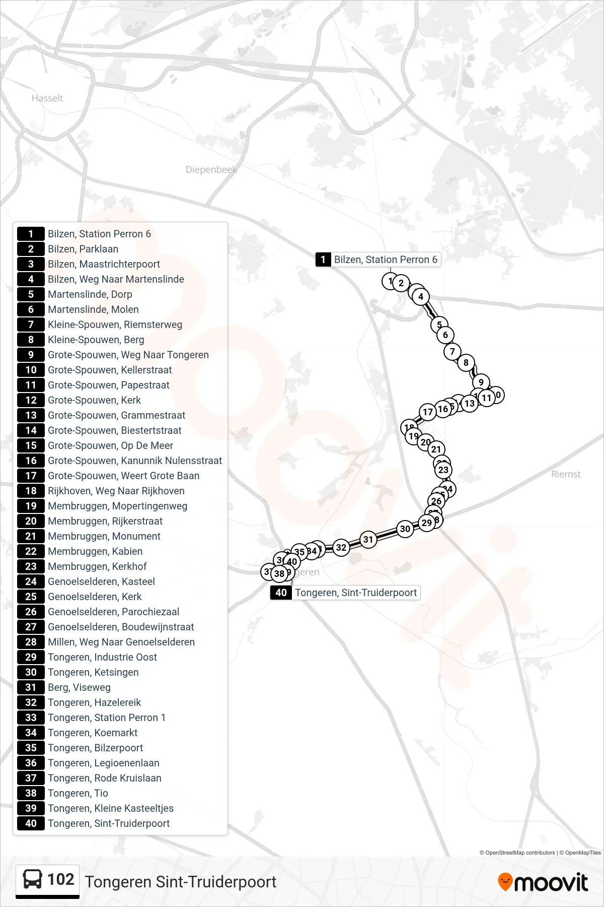 Lijn 102 (bus, Tongeren Sint-Truiderpoort): route en haltes op de kaart