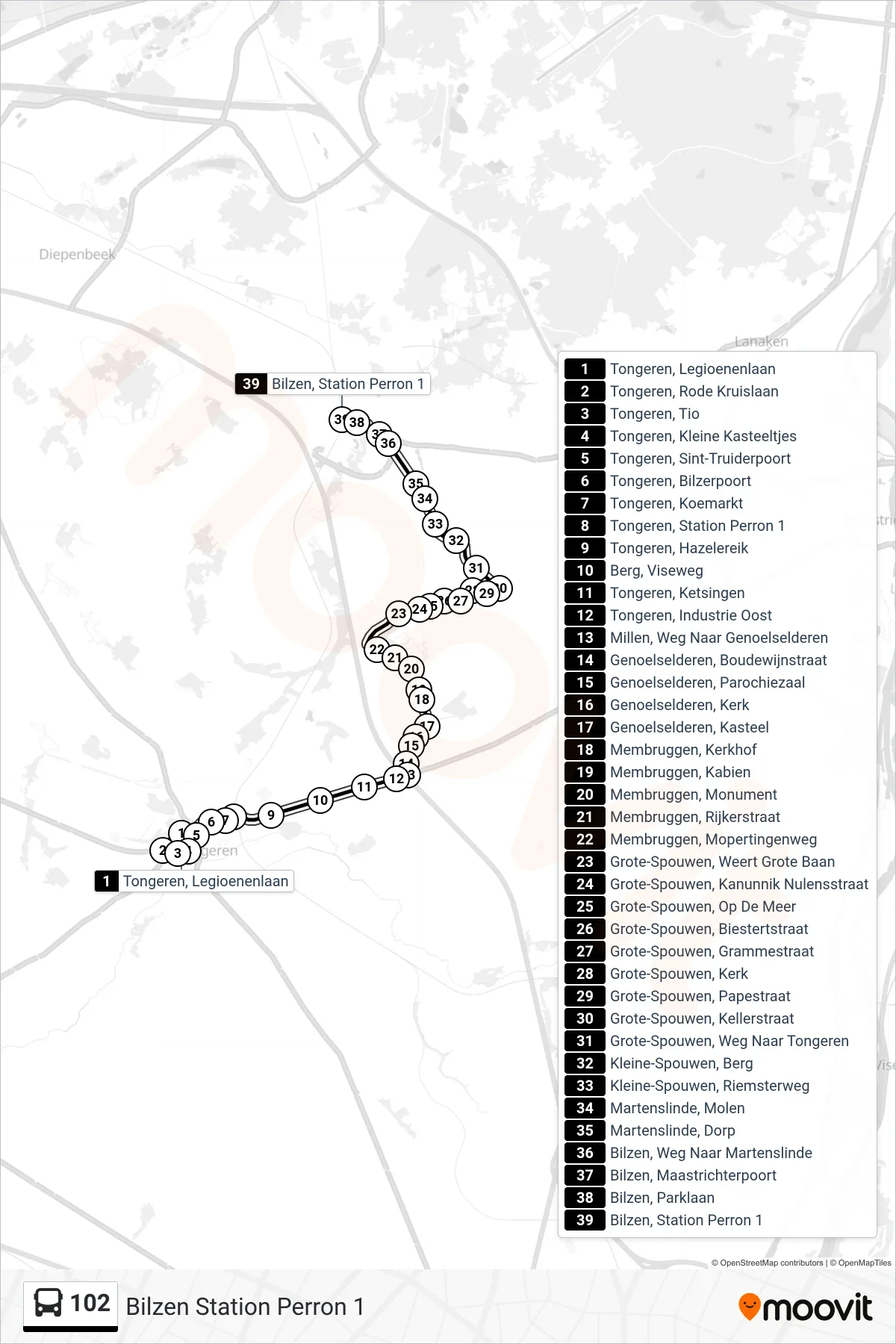 Lijn 102 (bus, Bilzen Station Perron 1): route en haltes op de kaart