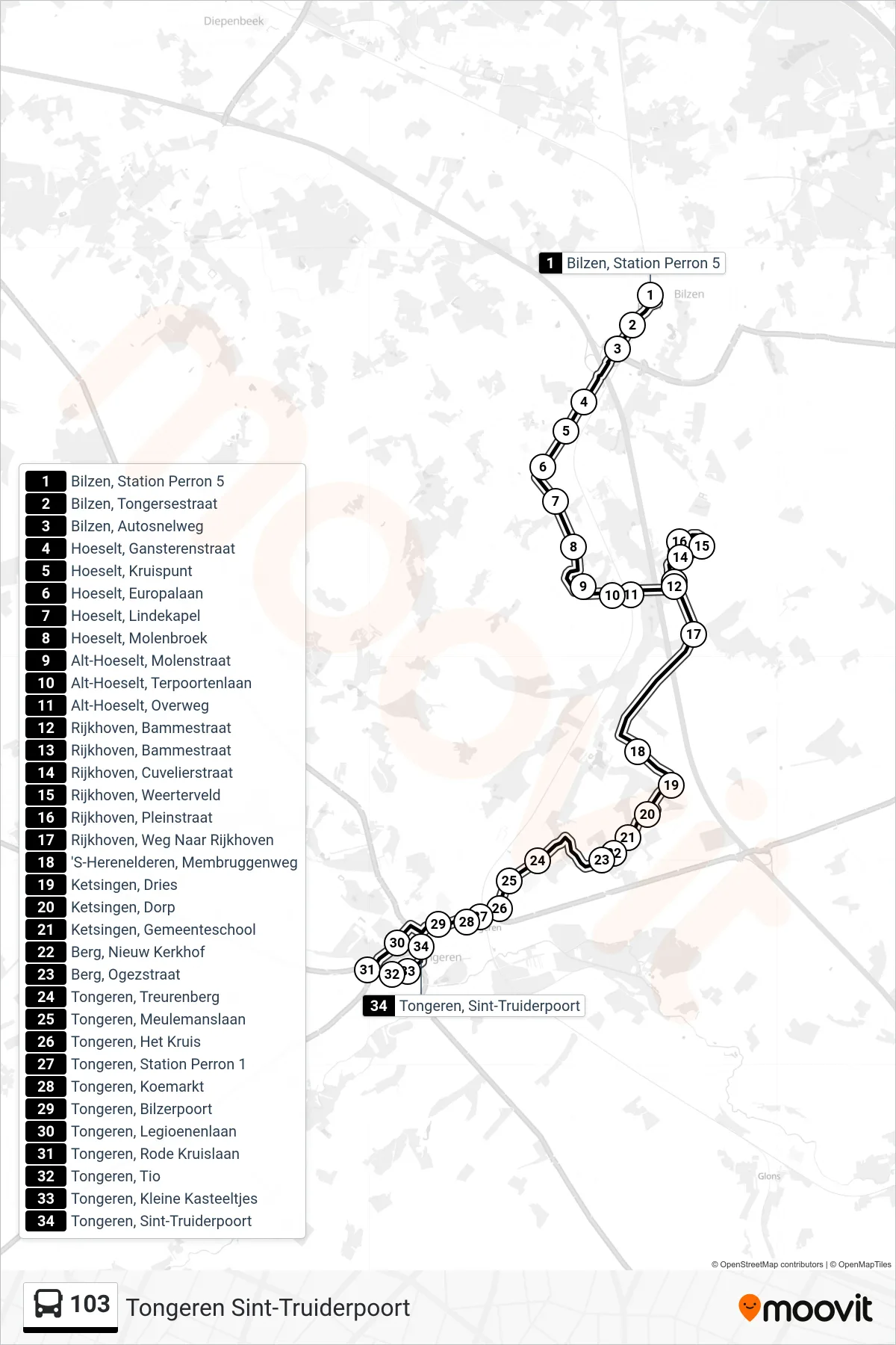 Lijn 103 (bus, Tongeren Sint-Truiderpoort): route en haltes op de kaart