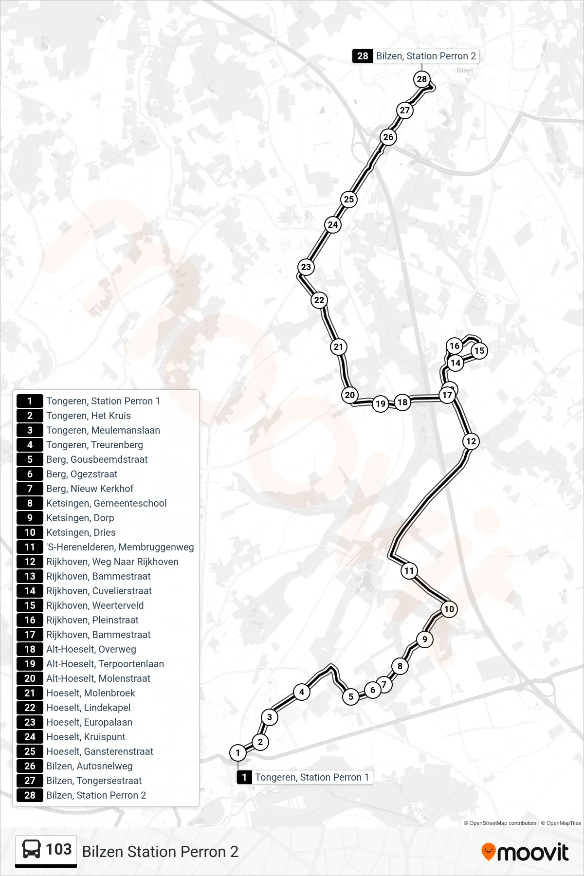 Lijn 103 (bus, Bilzen Station Perron 2): route en haltes op de kaart