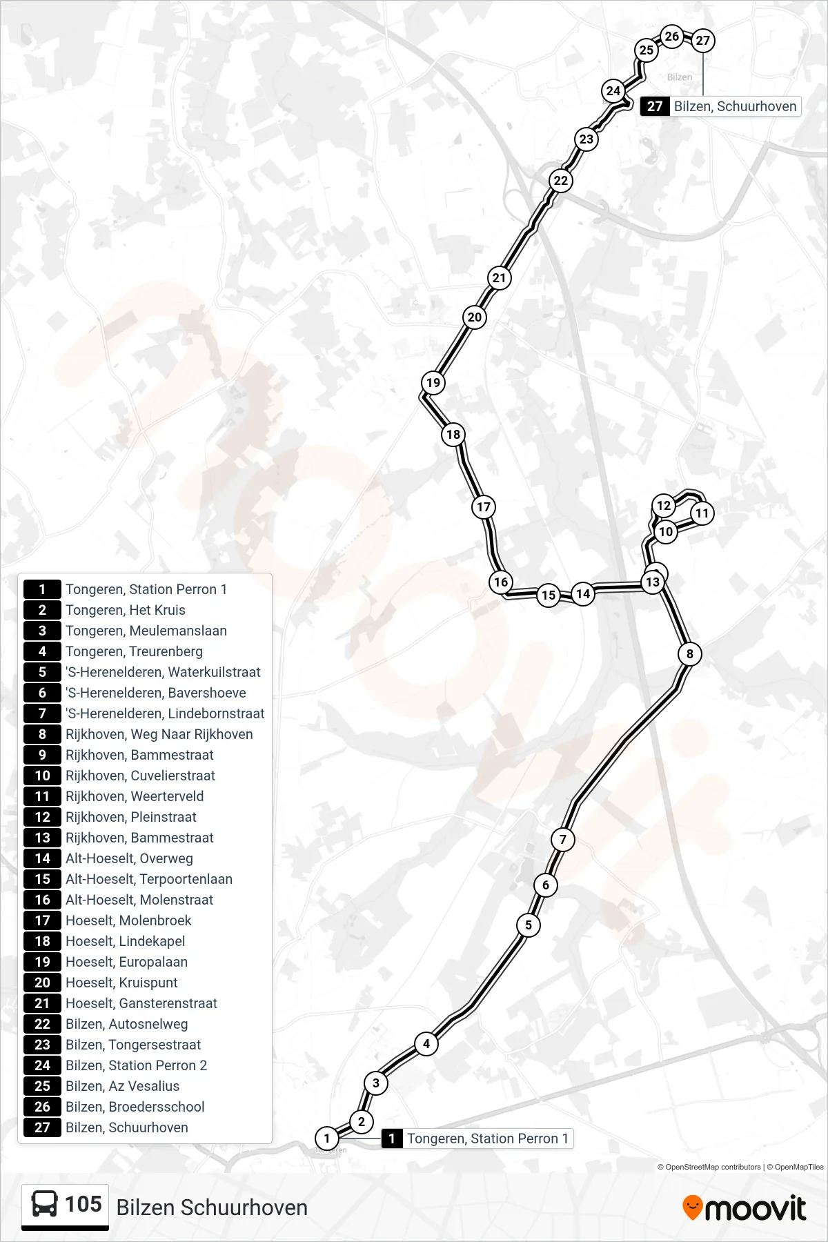 Lijn 105 (bus, Bilzen Schuurhoven): route en haltes op de kaart
