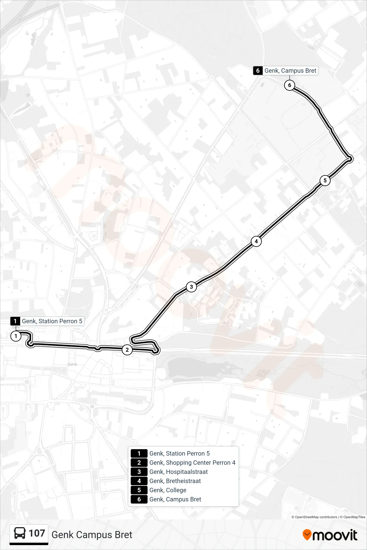 Lijn 107 (bus, Genk Campus Bret): route en haltes op de kaart
