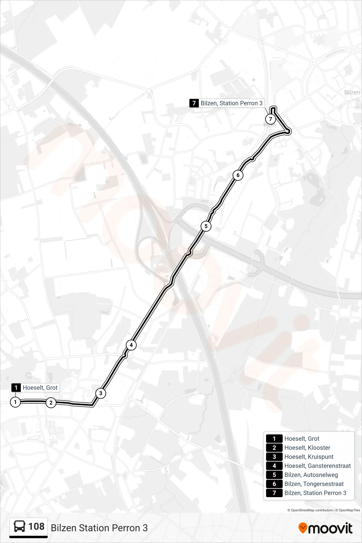 Lijn 108 (bus, Bilzen Station Perron 3): route en haltes op de kaart