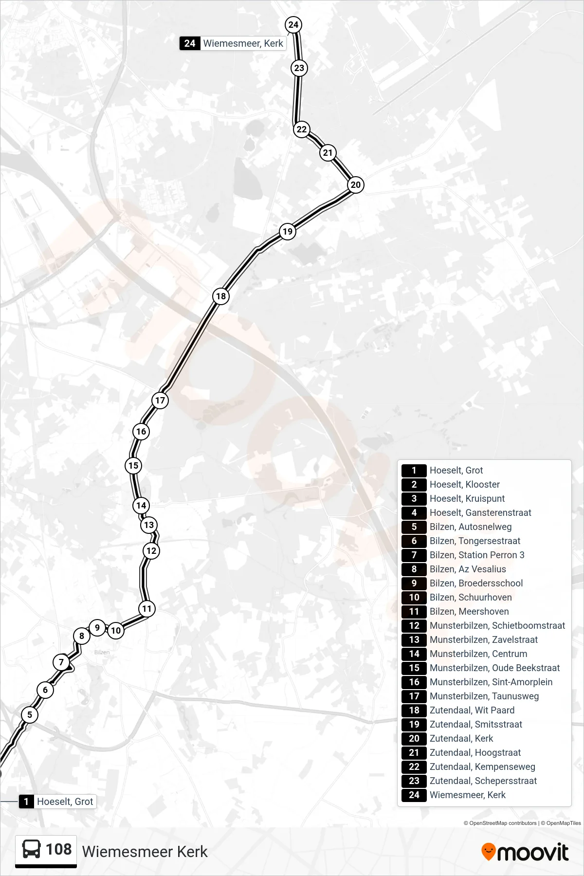 108 bus Line (Wiemesmeer Kerk) route and stops on a map
