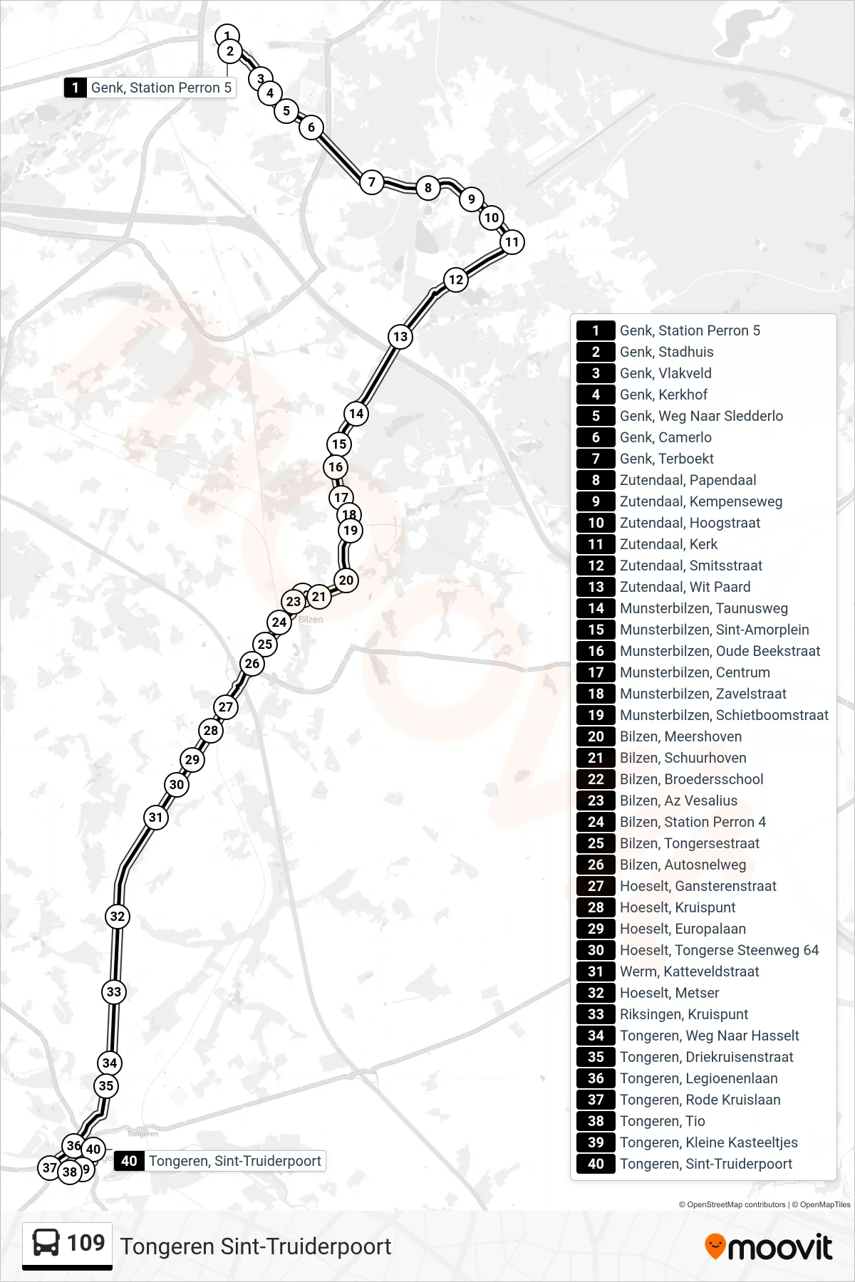 Lijn 109 (bus, Tongeren Sint-Truiderpoort): route en haltes op de kaart