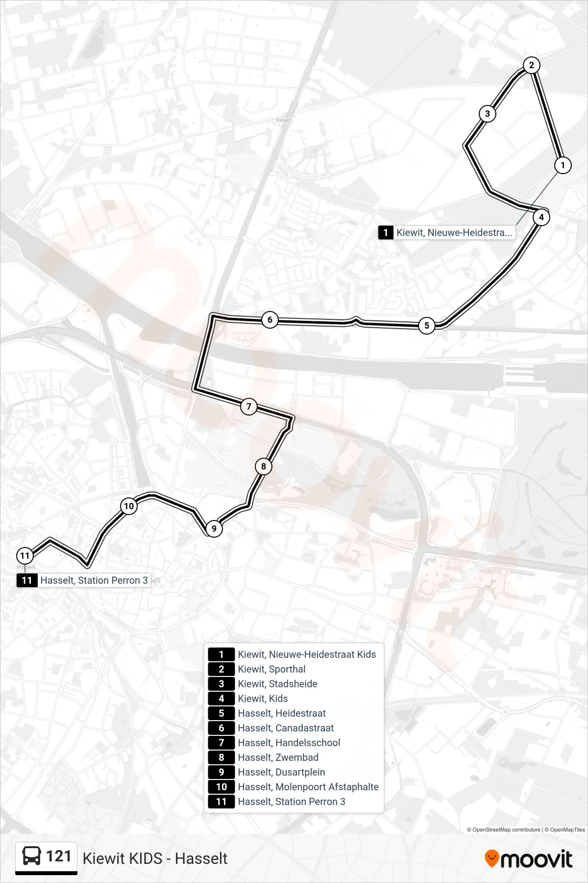 Lijn 121 (bus, Hasselt Station Perron 3): route en haltes op de kaart