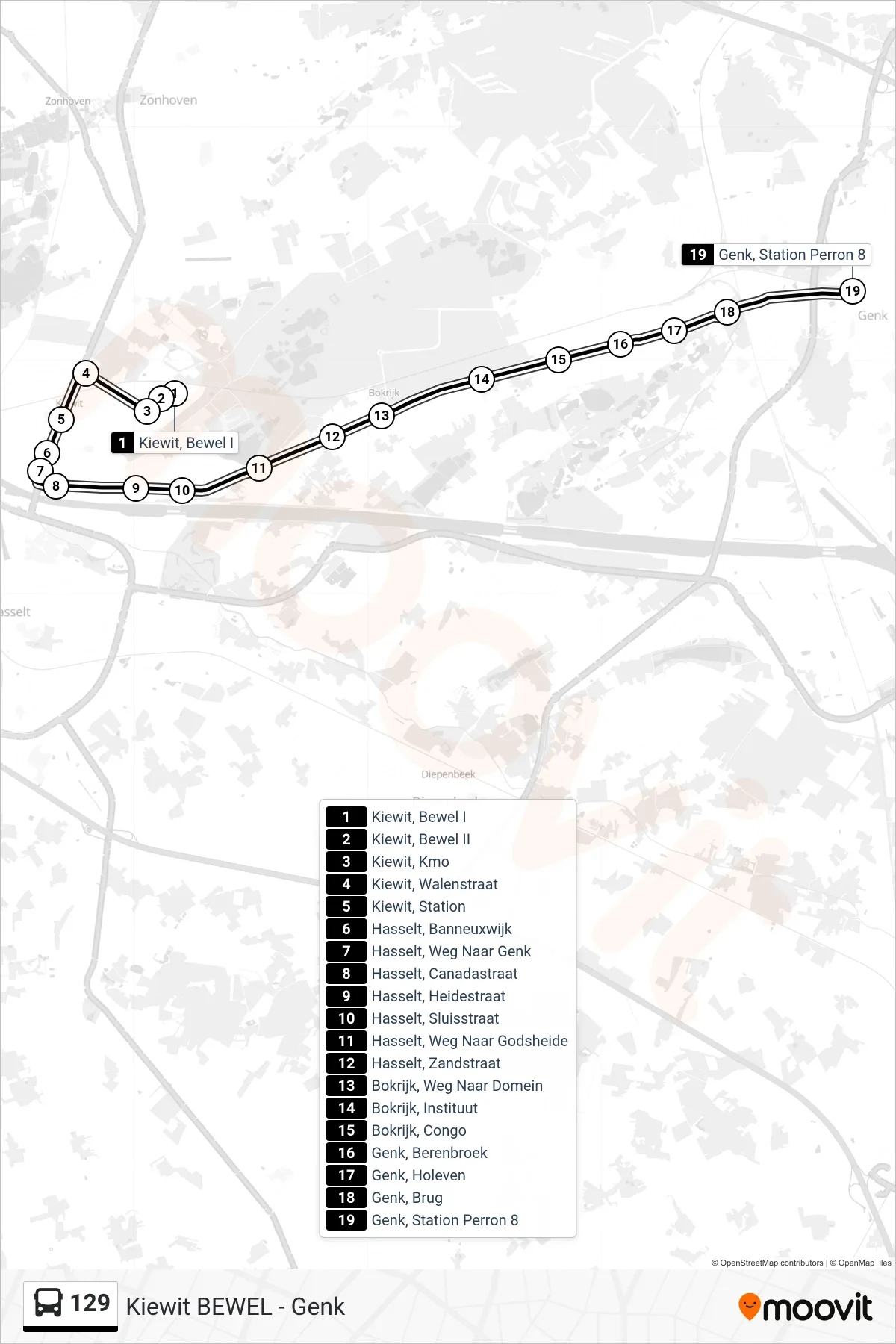 Lijn 129 (bus, Genk Station Perron 8): route en haltes op de kaart