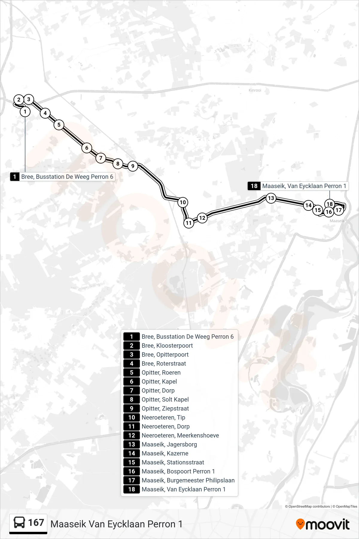 Lijn 167 (bus, Maaseik Van Eycklaan Perron 1): route en haltes op de kaart