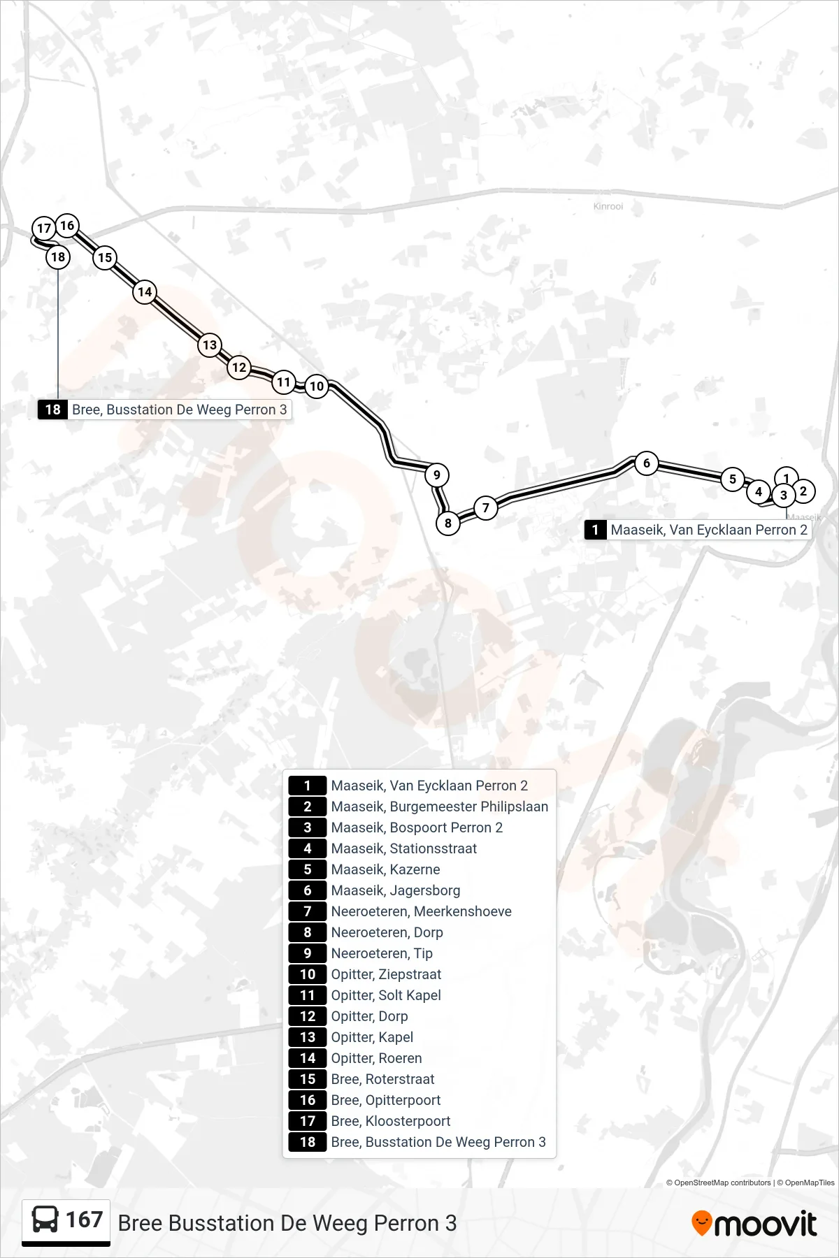 Lijn 167 (bus, Bree Busstation De Weeg Perron 3): route en haltes op de kaart