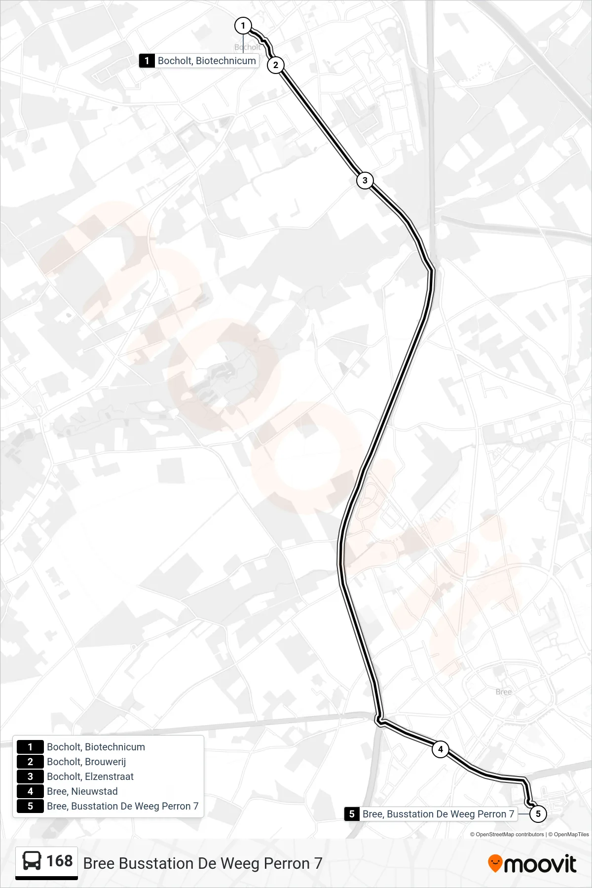 Lijn 168 (bus, Bree Busstation De Weeg Perron 7): route en haltes op de kaart