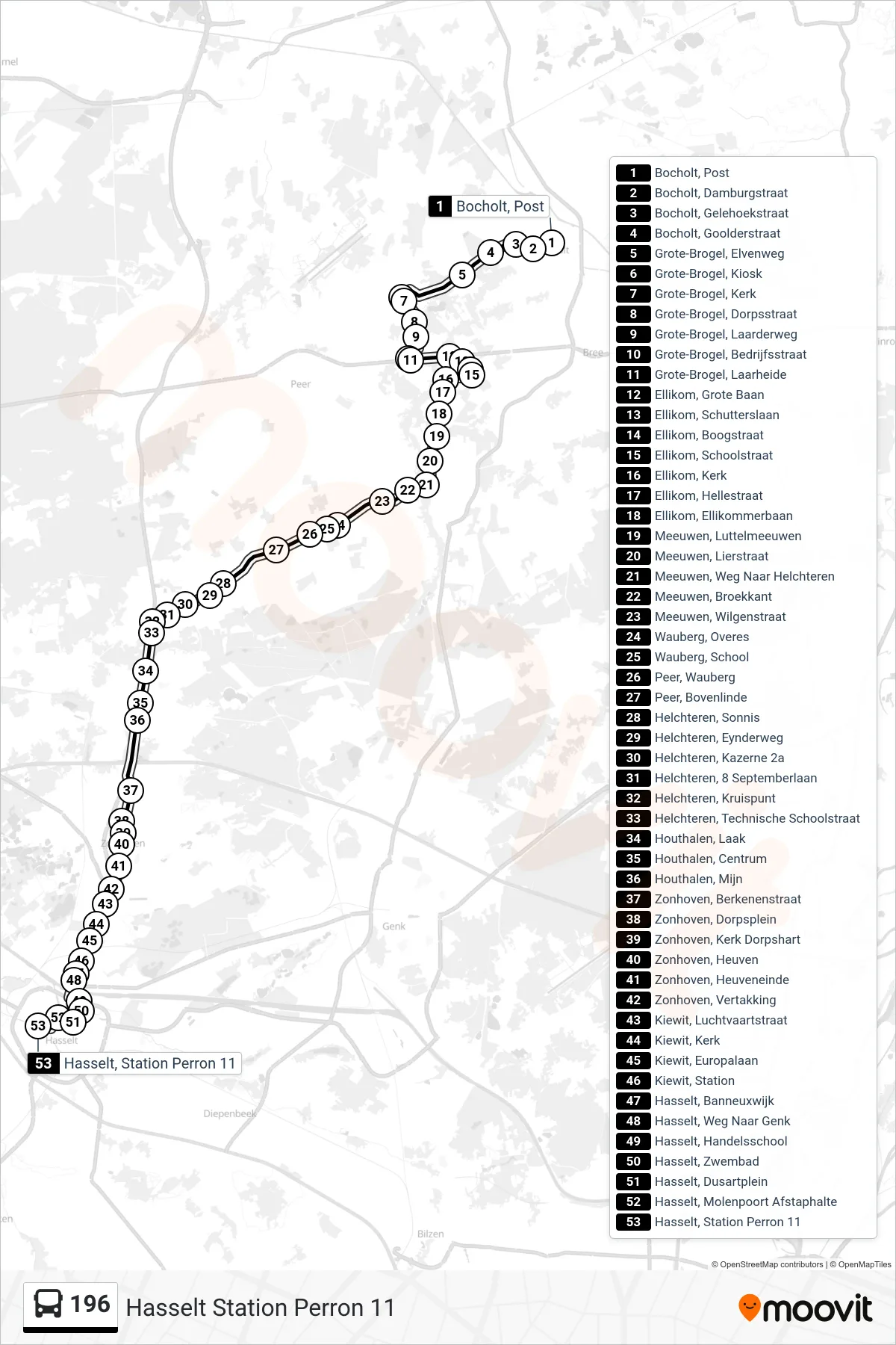 Lijn 196 (bus, Hasselt Station Perron 11): route en haltes op de kaart