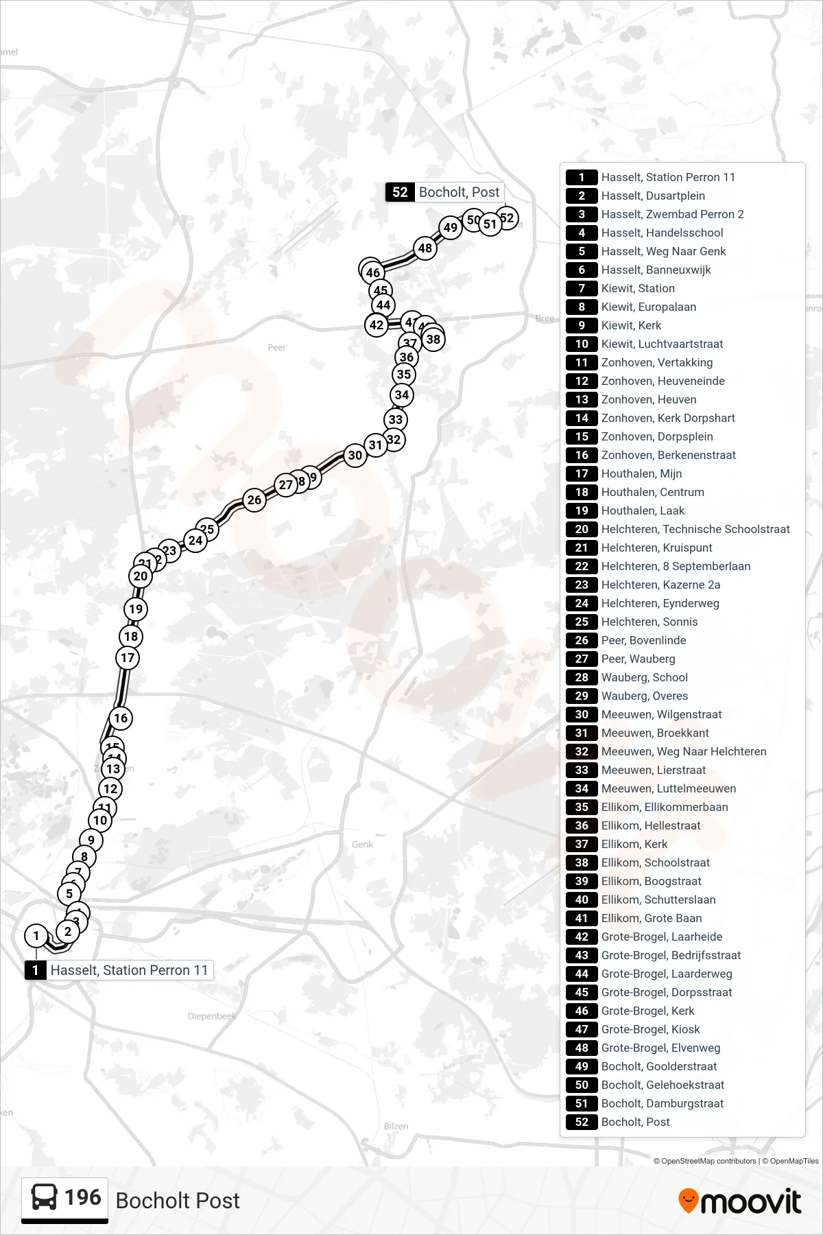Lijn 196 (bus, Bocholt Post): route en haltes op de kaart