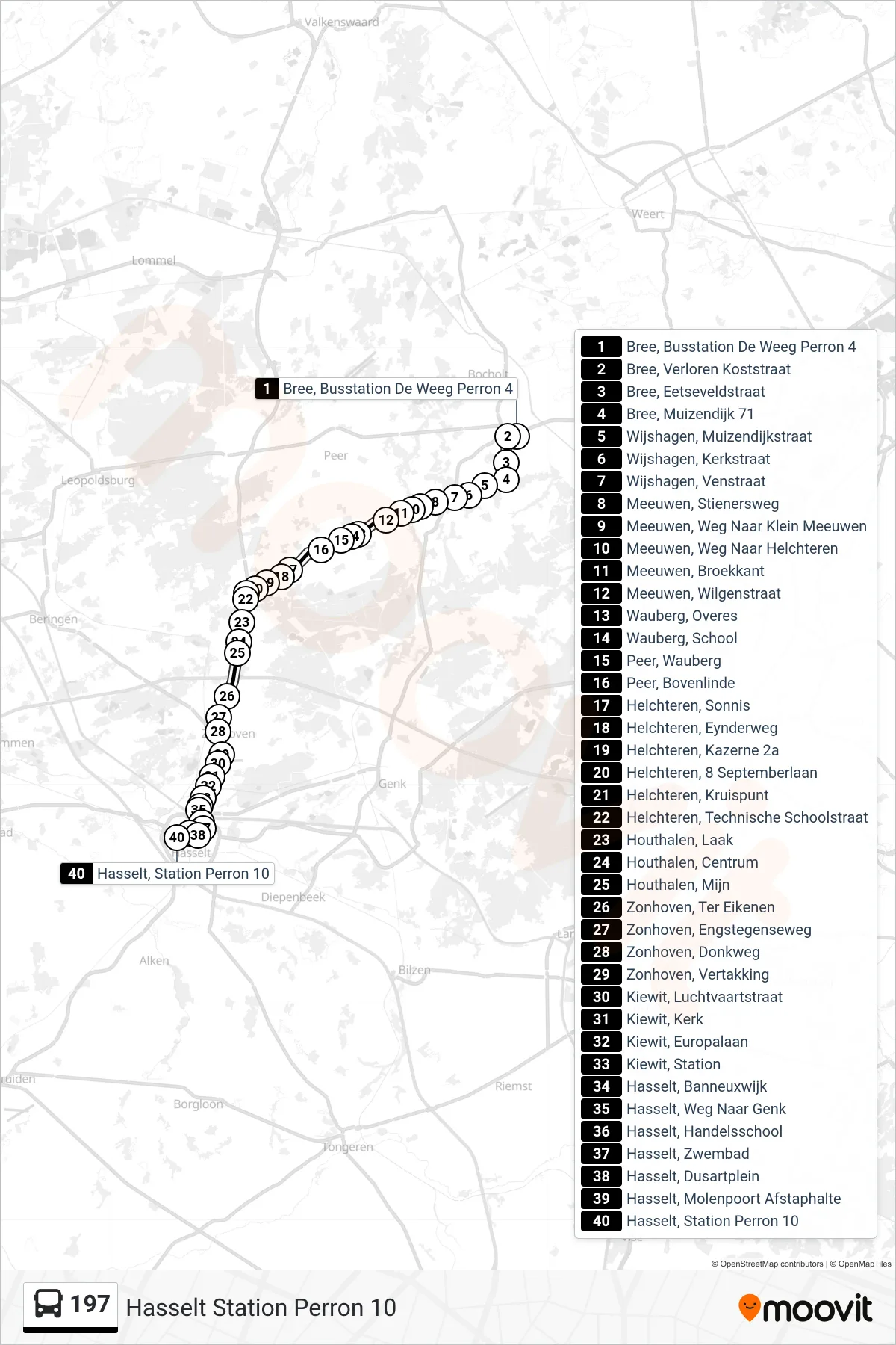 Lijn 197 (bus, Hasselt Station Perron 10): route en haltes op de kaart