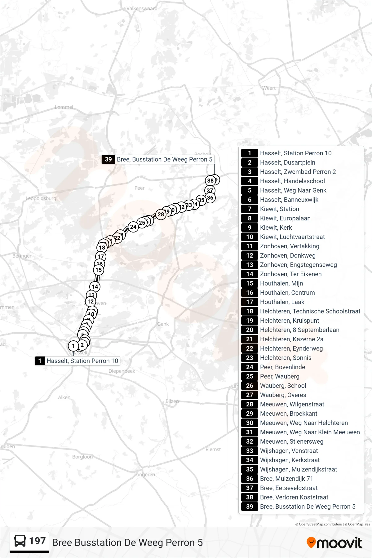 Lijn 197 (bus, Bree Busstation De Weeg Perron 5): route en haltes op de kaart