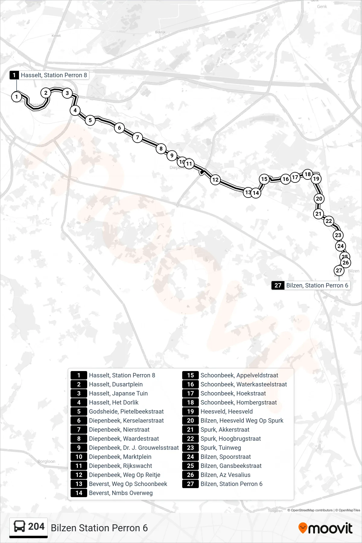 Lijn 204 (bus, Bilzen Station Perron 6): route en haltes op de kaart
