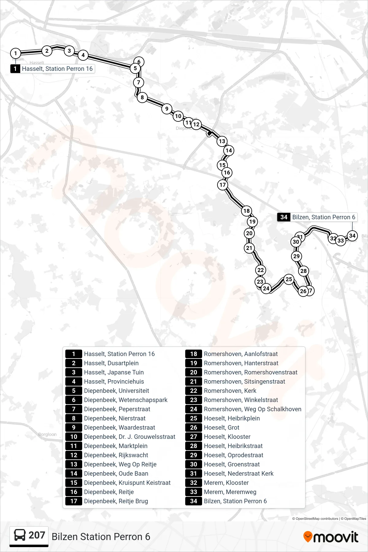 Lijn 207 (bus, Bilzen Station Perron 6): route en haltes op de kaart