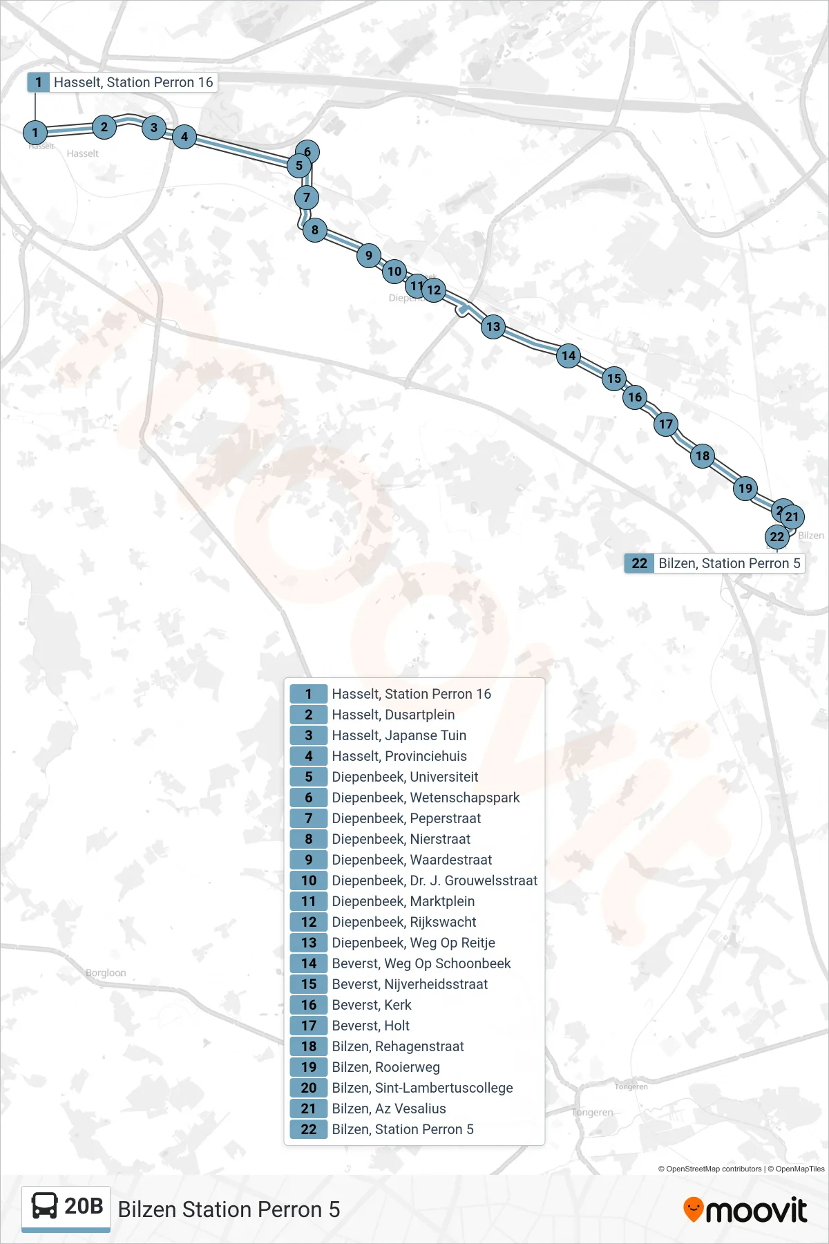 Lijn 20B (bus, Bilzen Station Perron 5): route en haltes op de kaart
