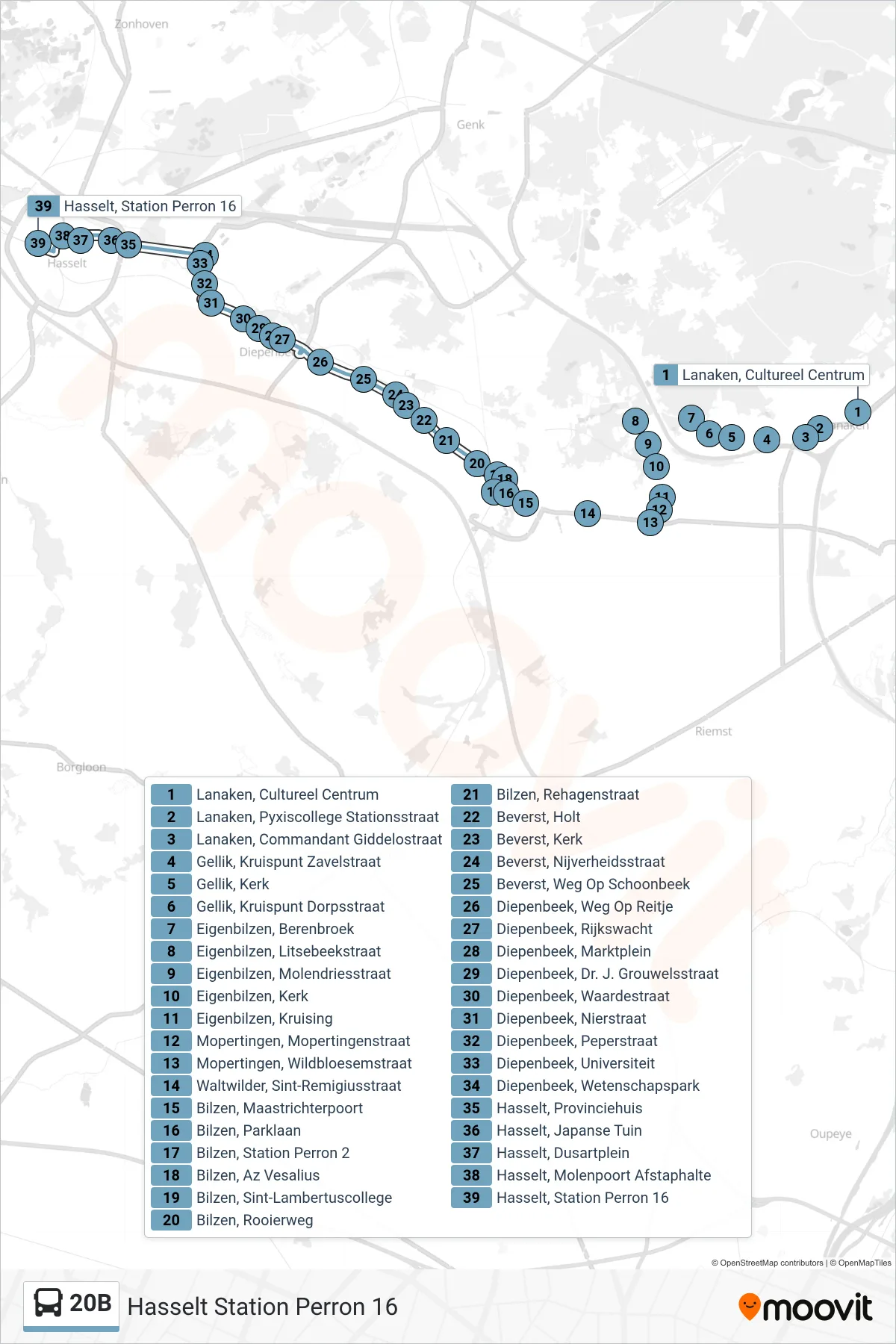 Lijn 20B (bus, Hasselt Station Perron 16): route en haltes op de kaart