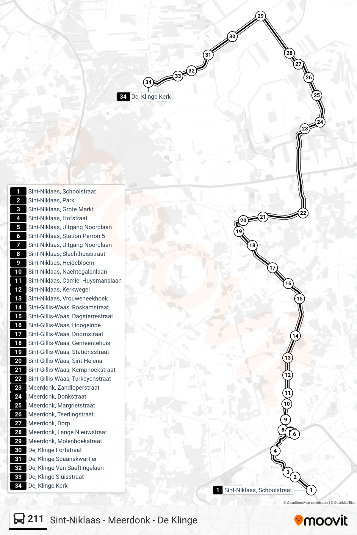 Lijn 211 (bus, De Klinge Kerk): route en haltes op de kaart