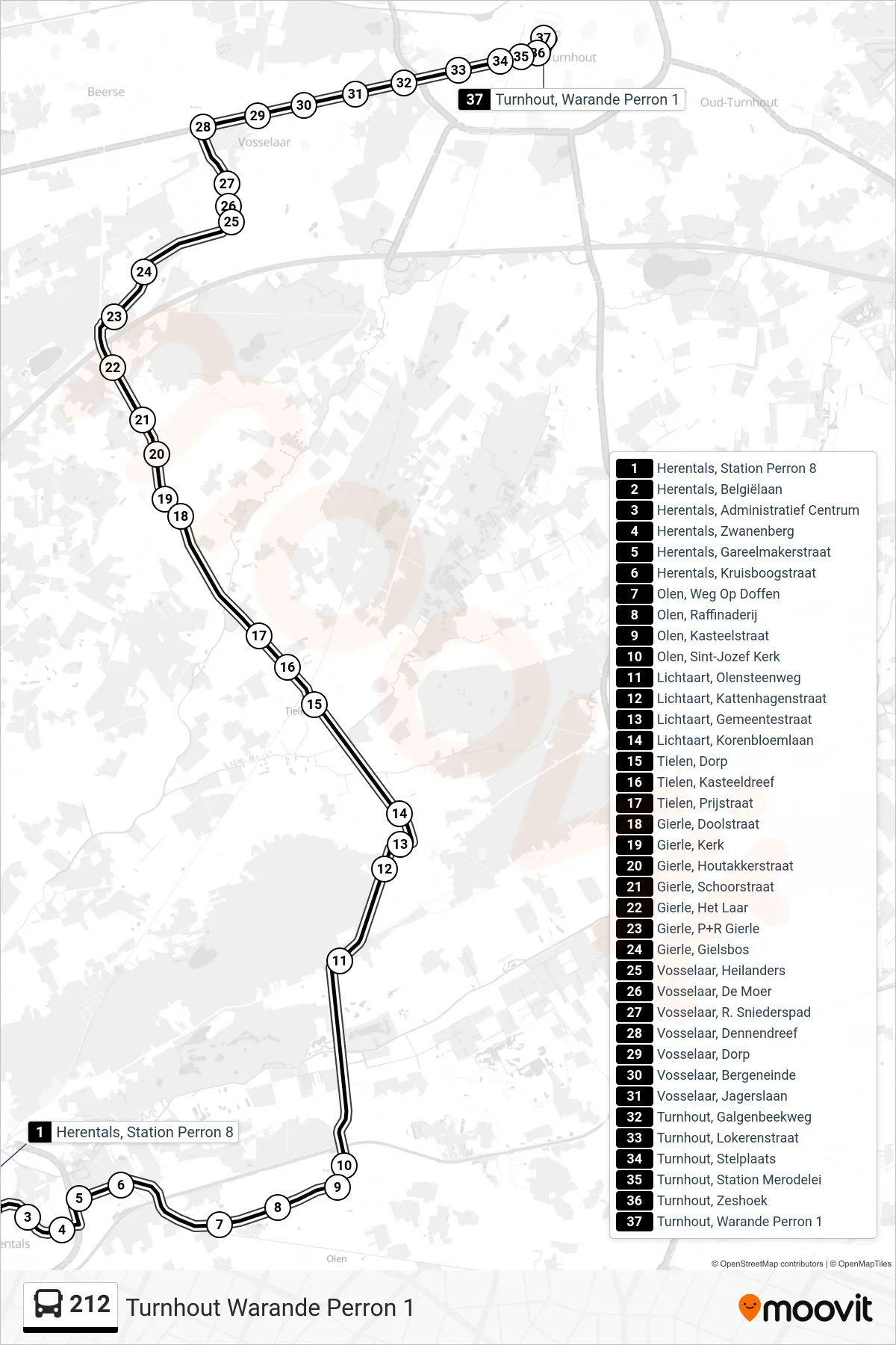 Lijn 212 (bus, Turnhout Warande Perron 1): route en haltes op de kaart