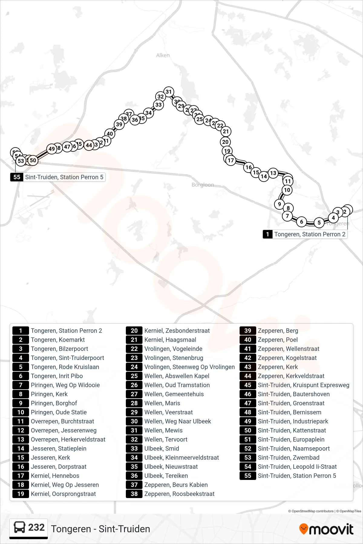 Lijn 232 (bus, Sint-Truiden Station Perron 5): route en haltes op de kaart