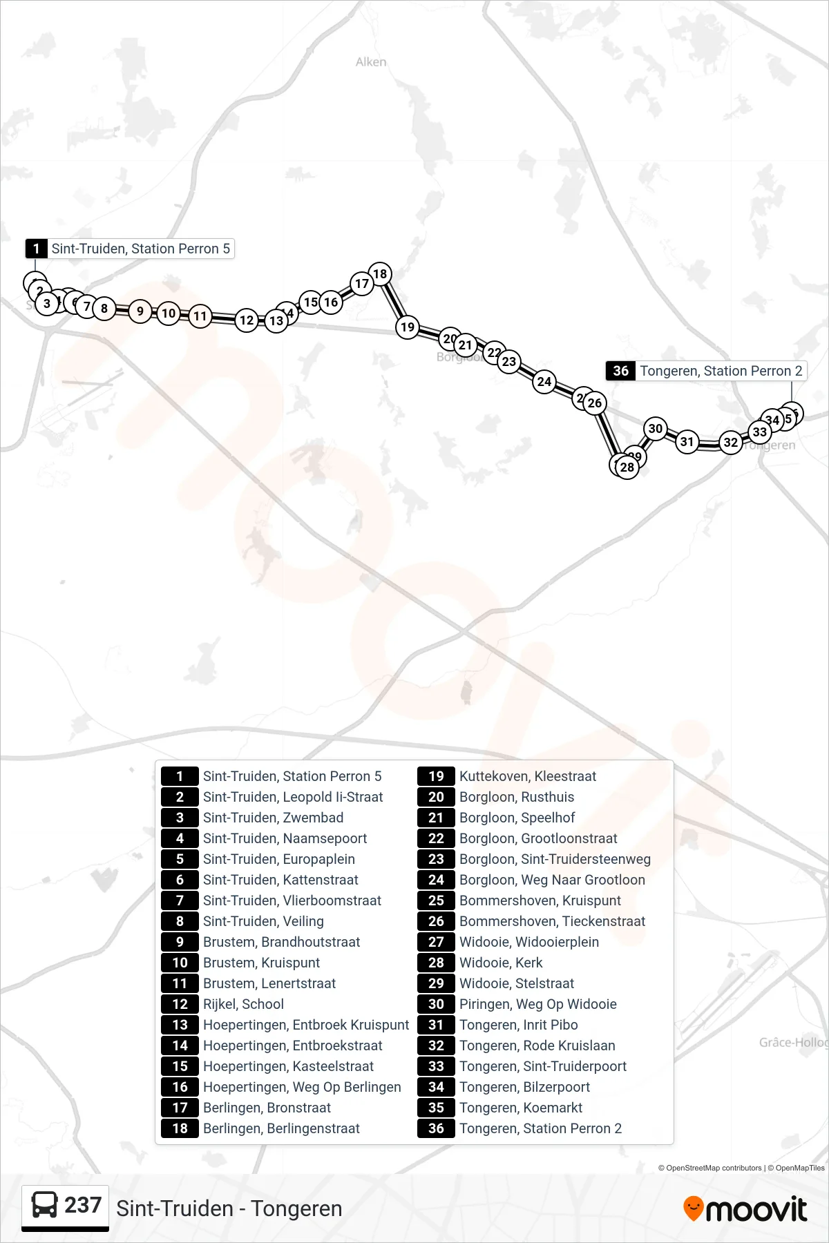 Lijn 237 (bus, Tongeren Station Perron 2): route en haltes op de kaart
