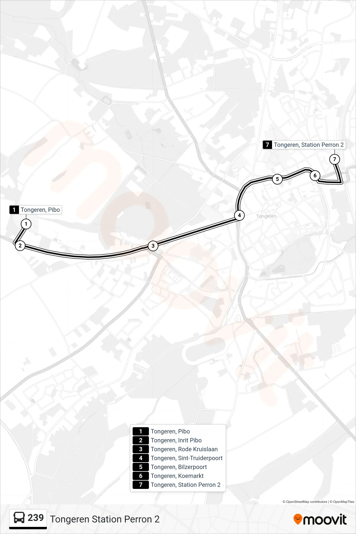 Lijn 239 (bus, Tongeren Station Perron 2): route en haltes op de kaart