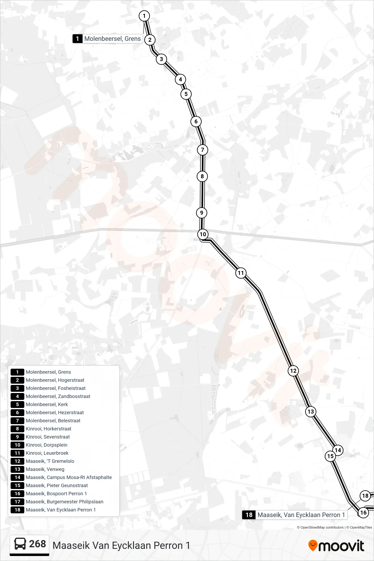 Lijn 268 (bus, Maaseik Van Eycklaan Perron 1): route en haltes op de kaart